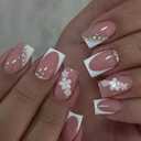 White French Tip Press on Nails Medium Square Fake Nails with 3D Floral Rhinestones Design Flower False Nails Press ons Glossy Full Cover Spring Summer Stick on Nails for Women Manicure
