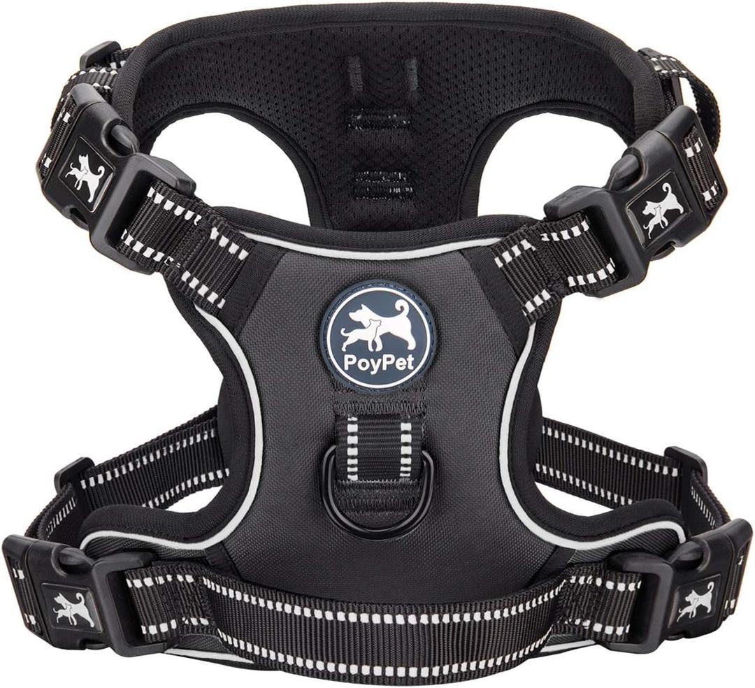 PoyPet 2019 Upgraded No Pull Dog Harness with 4 Snap Buckles, 3M Reflective with Front & Back 2 Leash Hooks and an Easy Control Handle for Small Medium Large Dogs[NO NEED Go Over Dogs Head] (Black,M)