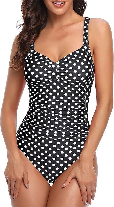 Women Ruched Slimming One Piece Swimsuits Tummy Control Vintage Bathing Suits (2X)