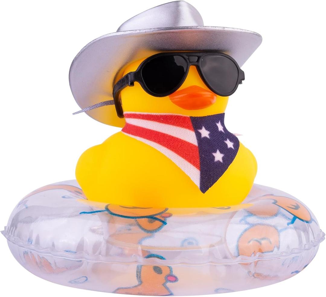 Yellow Duck Car Ornaments Rubber Duck Car Dashboard Decorations with Mini Cowboy Hat Scarf Sunglasses Swim Ring Necklace for Car Dashboard Decoration(Q29)