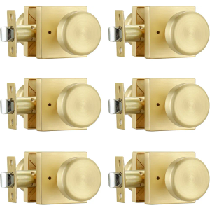 6 Pack Brushed Gold Door Knob with Square Rosette, Heavy Duty Door Knob with Lock, Interior Door Handles for Bath & Bed,