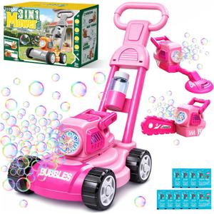 Bubble Lawn Mower for Kids, 3-in-1 Bubble Machine Blower with 10 Bubble Solution, Outdoor Push Toys for Toddlers Ages 3-8, Birthday Easter Summer Gift for Boys Girls 3 4 5 6 7 8 Year Old (Pink)