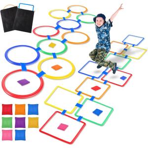 2 Sets of 2 in 1 Hopscotch and Beanbag Toss Kit Include Hopscotch Ring Game Set and Squares Set 8 Pcs Beanbags for Indoor Game Outdoor Agility Portable Summer Conditioning Agility Training