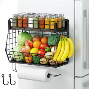 Magnetic Spice Rack for Refrigerator with Paper Towel Holder, Fruit Basket with 2 Hooks for Kitchen Storage and Organizer, FullEnclosed Magnetic Shelf 33 lbs for Laundry, Pantry, Coffee Bar and RV