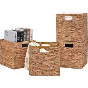 Wicker Storage Cubes 11.2x11.2x11.2inch Cube Baskets Set of 4 Pcs,Collapsible Water Hyacinth Baskets,Handwoven Storage Baskets for Shelves,Kitchen or Outdoor