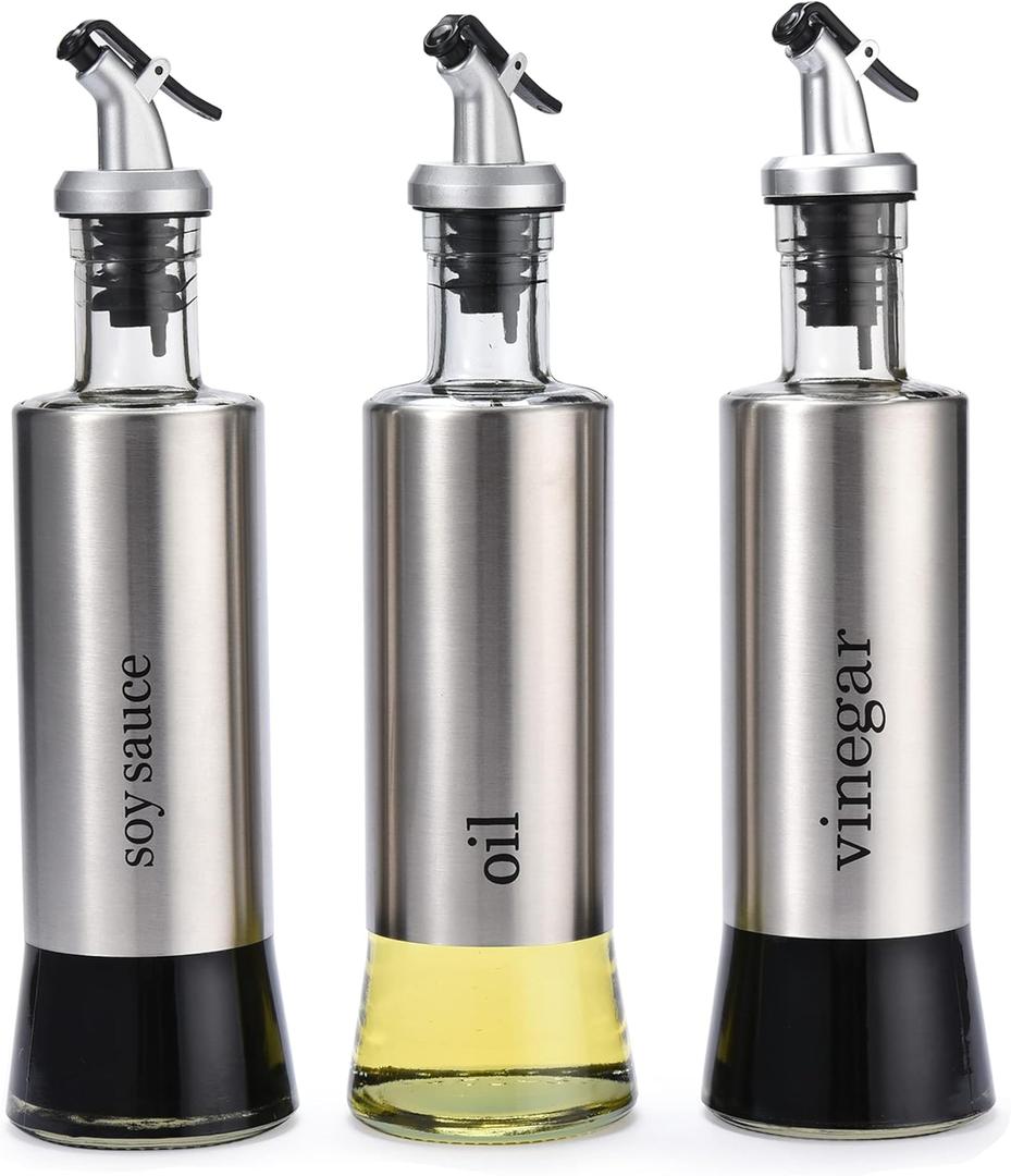 Bruntmor Kitchen Oil Dispenser - Olive Oils Dispenser Spout - Stainless Steel Cooking Oils Container Spout - Glass Oil Decanter, Pourer, Cruet - Kitchen Liquid Dispenser Bottle for Vinegar, Sesame