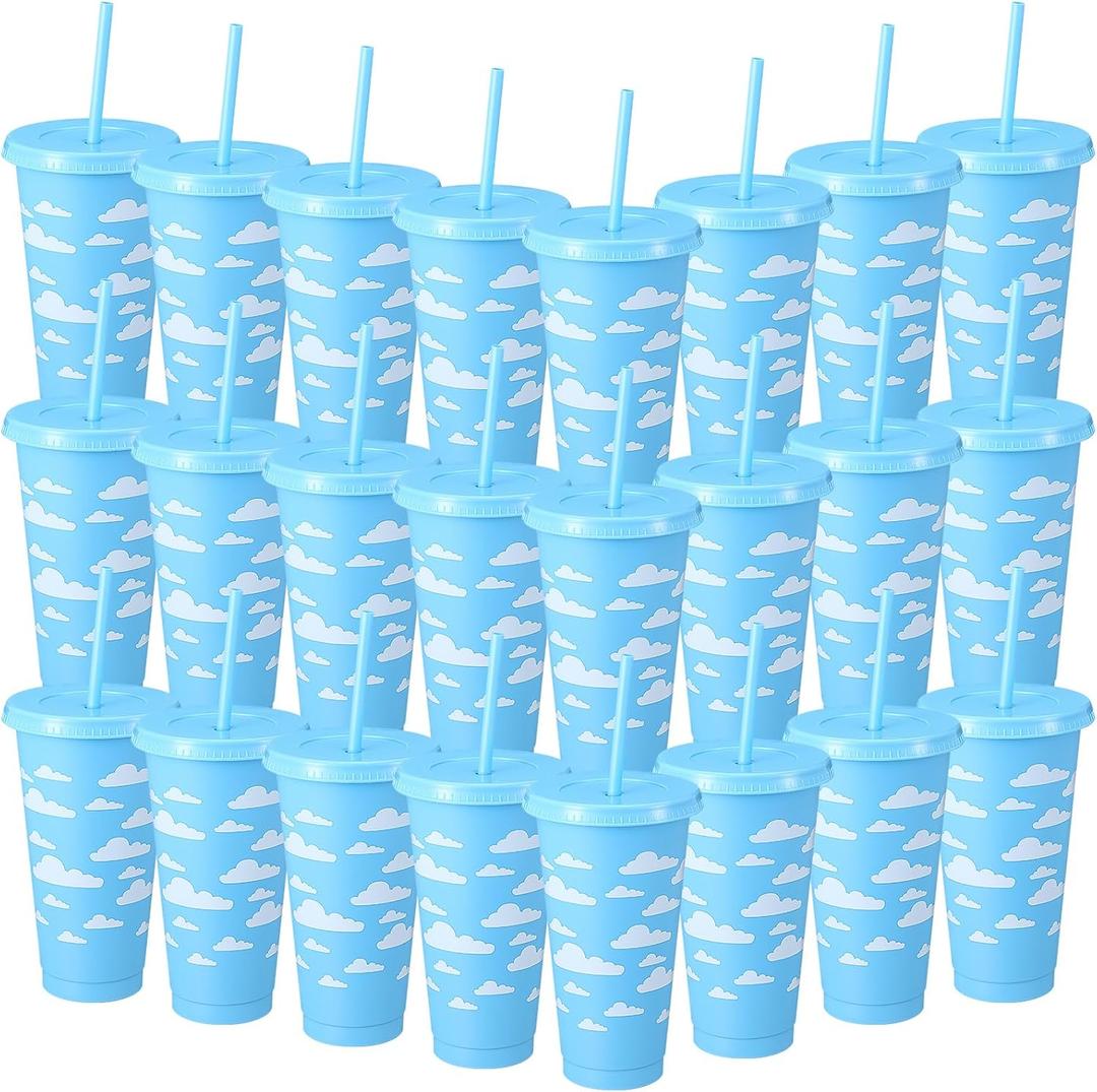 Havawish Blue White Clouds Party Plastic Tumbler Bulk Gifts with Lid and Straw 24 oz Cartoon Story Party Reusable Cups Cartoon Story Birthday Supplies Favors(24 Pcs,24 oz)