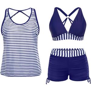Yonique 3 Piece Tankini Swimsuits for Women Swim Tank Top Bathing Suits with Boy Shorts and Bra Athletic Swimwear (Large, Blue White Stripes)