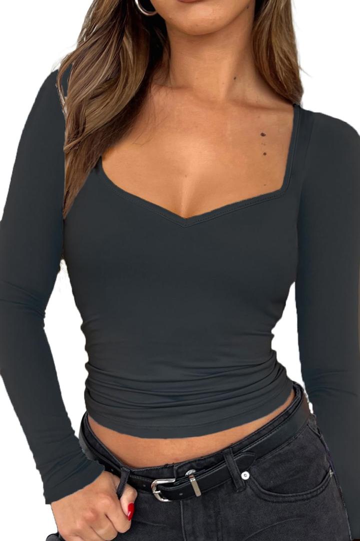 TiulZial Women Long Sleeve Tops - Sexy Going Out Sweetheart V Neck Basic Shirts Tight Slim Fall Trendy Clothing Small