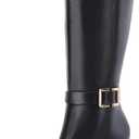 Coutgo Womens Knee High Boots Stiletto Heels Suede Pointed Toe Wide Calf Metal Buckle Side Zipper Winter Boots (6, Cool Black)