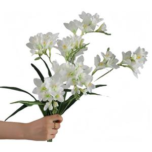 4pcs white Freesias Flowers Artificial with Long Stem,24"Real Touch Dendrobium Plants Fake Orchid Leaves,Faux Larkspur Flowers for Outdoor Table Garden Party Wedding Bouquet Fillers,Patio Decor