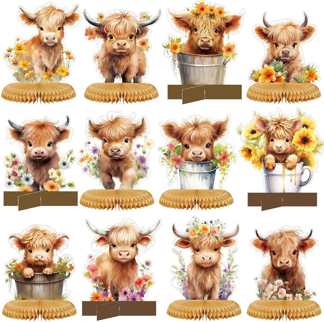 12 Pcs Highland Cow Party Decorations Highland Cow Honeycomb Centerpieces for Baby Shower Brown Highland Cow Party Supplies for Birthday Party Photo Props Gender Reveal Supplies