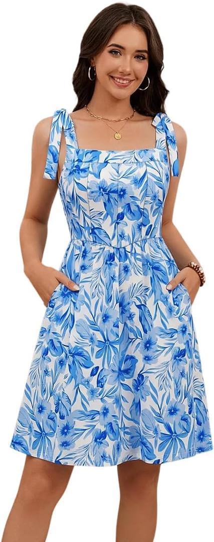 GUBERRY Women's Summer Dress with Pocket Elastic Shoulder V-Waistline Square Neck Mini Cute Floral Sundresses