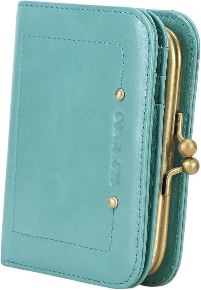 Leather Wallet for Women, RFID Blocking, Compact Bifold, Full Grain Leather, Kiss-Lock Coin Pocket, Vintage Metal Clasp, Daily Use Travel,Blue