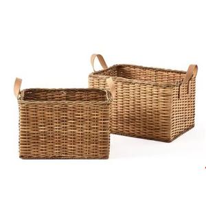 Baum Rattan Rectangular Decorative Basket with Faux Leather Handles | Brown | One Size | Bins & Baskets Baskets | Storage