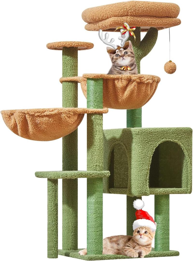 Taoqimiao Cat Tree, 39.4-Inch Cat Tower for Indoor Cats,Suitable for Kittens,Plush Cat Condo with 5 Scratching Posts, Plush Perch,2 Hammock,Pompoms, MS019T Cactus (39.4In)