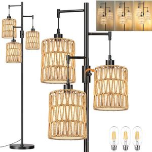 ZECOXOL Boho Floor Lamp for Living Room Bedroom-3 Light Dimmable Floor Lamp with Three Led Bulb, Rustic Tall Lamp Black Standing Lamp Tree Floor Lamps for Living Room Bedroom,Office,Corner