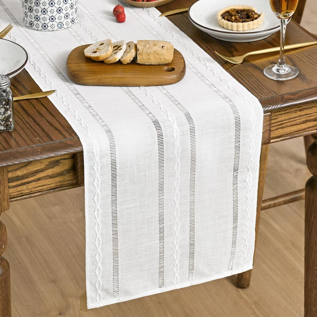 Artoid Mode Rustic Cotton Linen Table Runner, Seasonal Embroidered Hollow Kitchen Dining Table Decoration for Home Party Decor 13x90 Inch (White)