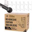 No Adhesive Heavy Duty Curtain Rod Holders with Wide Hook, 5X Stronger Than Adhesive Curtain Rod Hooks,Tension Curtain Rod Bracket for Wall with Pin Guide, Curtain Wall Mount (12 Pack, For 1.25" Rods)