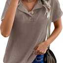 Womens Tops Summer Sweaters Short Sleeve Patchwork V Neck Henley Shirts 2026 Dressy Casual Business Tunic Blouses (Brown, XL)