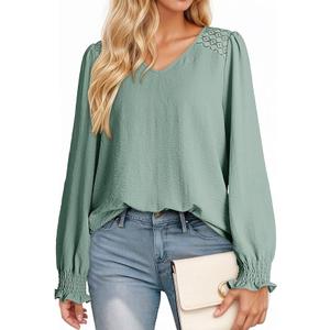 Dokotoo Women's Tops Fall Tops for Women 2025 Casual V Neck Long Sleeve Lace Trim Shirts with Smocked Cuffs Business Casual Outfits for Women Smoke Green, Medium