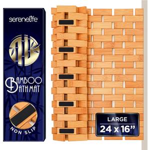 SereneLife Bamboo Bath and Shower Mat, Non-Slip Floor Mat with Extra Grips, Slatted Design, Natural Finish for Bathroom, Spa, Sauna - Rollable and Easy to Clean