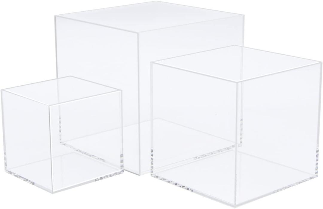 Clisela 3pcs Acrylic Cube Display Stands Box Risers with Hollow Bottoms, Food Risers for Buffet Table, Decorative Display Stand Shelf for Dessert Collectibles Jewelry Figures Show - Clear 3" 4" 5"