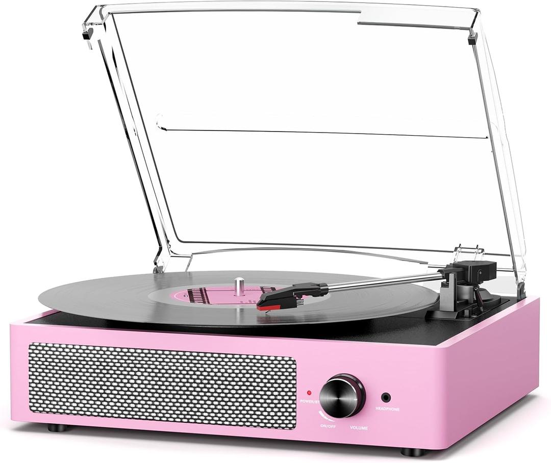 Vinyl Record Player with 2 Stereo Speakers Belt-Driven Vintage Turntables 3 Speed 3 Size Wireless Bluetooth Playback AUX-in RCA Out Headphone LP Vinyl Players Auto Stop Pale Pink