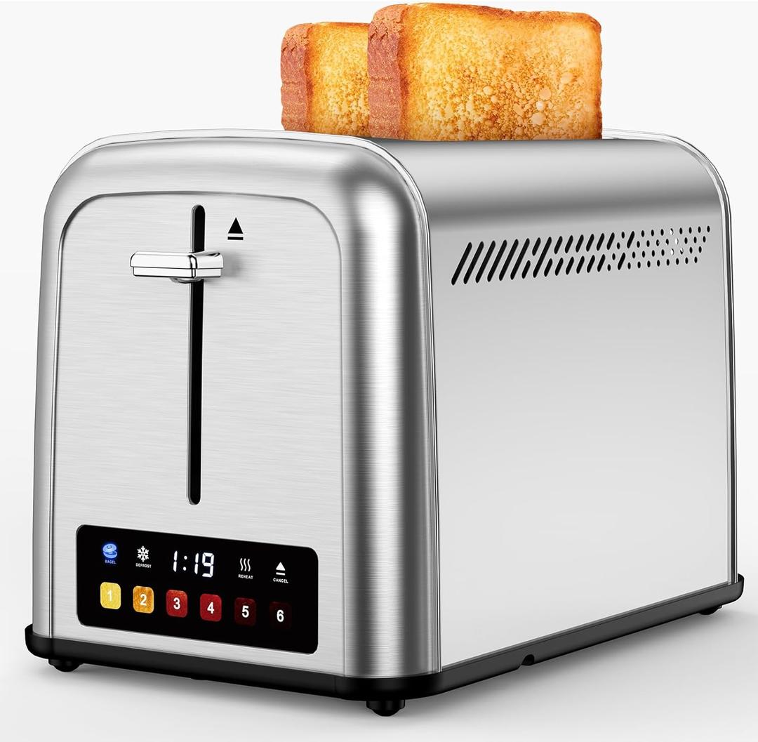 Touch Screen Toaster 2 Slice Retro Stainless Steel,Best Prime 2 Slice Toaster Wide Solt wit h 6 Shade Settings, Perfect for Waffles, Bagels and More 238TC(Silver)