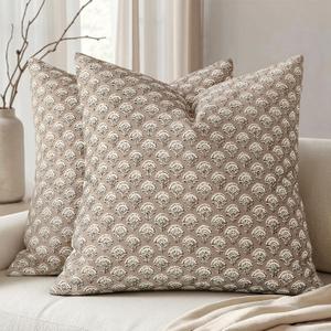 MIULEE Set of 2 Decorative Floral Pillow Covers Neutral Vintage Throw Pillows Block Print Boho Farmhouse Cushion Covers for Modern Spring Home Decor Couch Sofa Bed Living Room, 24x24 Inch, Light Taupe