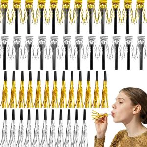 Skylety 48 Pcs Noise Makers Glitter Noise Makers Metallic Fringed Party Blowers Noisemakers Horns for Adults Birthday Graduation Sporting Events 2026 New Years Party Favor Supplies (Gold Silver)