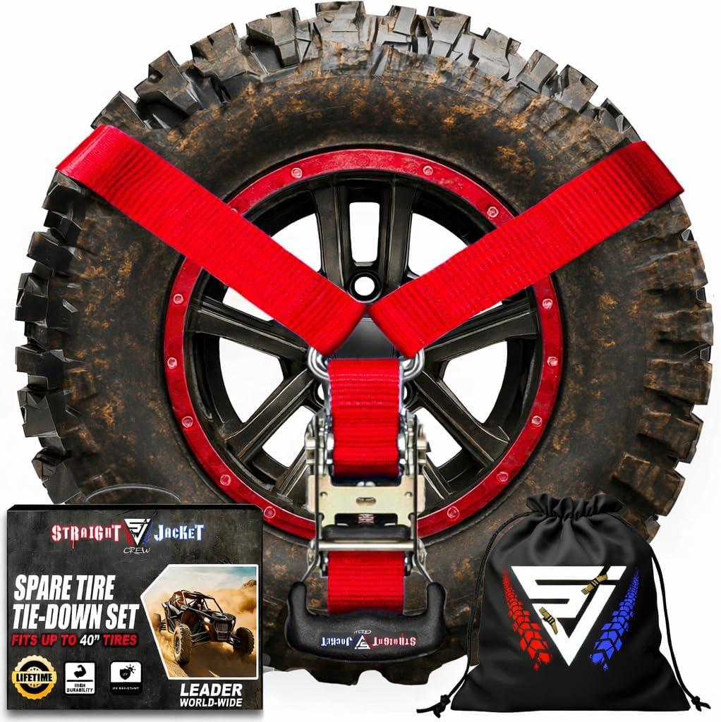 Y Strap for Spare Tire - Heavy Duty Spare Tire Strap for UTV, Offroad Accessories & Roof Rack, 3 Way Ratchet Strap Tie Down- 1.6" Wide, Can Secure Up to 40" Tire by Straight Jacket Crew (Red), 32.5" x 32.5" x 38.5"