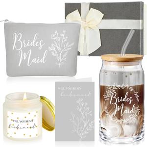 Inbagi Bridesmaid Gifts Box Set of 5 Includes Glass Cup with Lid and Straw Makeup Bag Sage Scented Candle Wedding Invitation Cards Proposal Gifts for Bridal Party Favors (Gray)