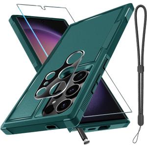 RMOCR Case for Samsung Galaxy S25 Ultra, Full Body Heavy Duty Rugged Shockproof Protective Phone Cover with Lanyard Strap, Tempered Glass Screen Protector and Camera Lens Cover, Dark Green