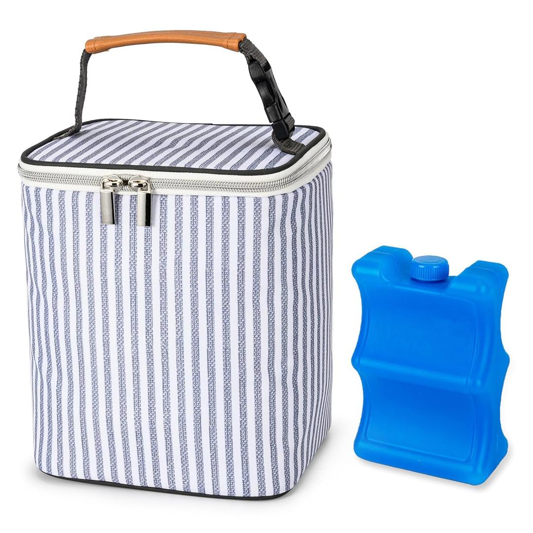 Breast Milk Cooler Bag with Ice Pack Fits 4 Baby Bottles Up to 9 Ounce, Baby Bottle Tote Bag Great for Nursing Mom Daycare (White Straps)