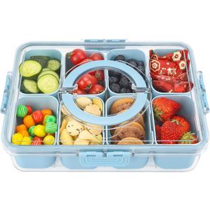 shopwithgreen Divided Serving Tray with Lid and Handle, Portable Snackle Box Charcuterie Container for Party, Veggies, Fruits, Nuts, Candy, Food Tray Platter Snack Box for Entertaining, Picnic, Blue (8 Compartments)
