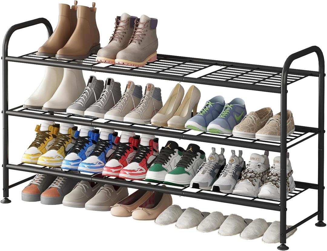 LINZINAR Shoe Rack 3 Tier Long Metal Shoe Organizer for Closet Entryway Black