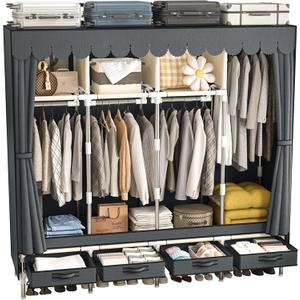 Large Portable Wardrobe with 4 Hanging Rods and Drawers, Armoire, Metal Storage Wardrobe Hangers, Upgraded Grey Non-Woven Dust Cover for Handing Closet,Large Closets for Bedroom (67.7 IN)