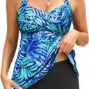 Tankini Swimsuit Bathing Suit 2024 - Women Two Piece with Shorts Halter Twist Front Flowy Top Retro Swimwear (Large, Blue Leaves)