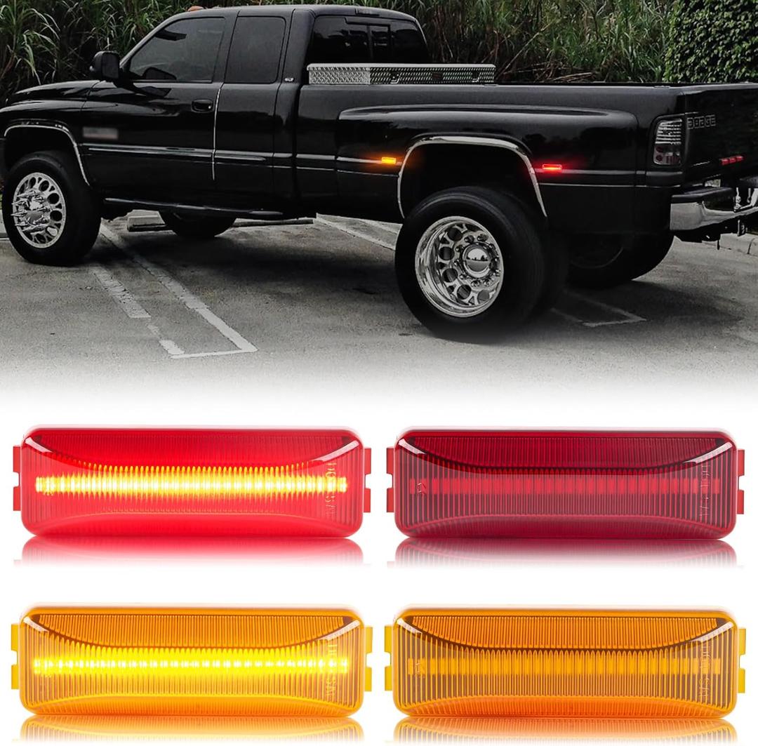 Gempro LED Dually Fender Side Marker Lights for 1994-2002 Dodge Ram 2500 3500 Amber Red Dual Rear Wheel Bed Marker Lamps 4PCS