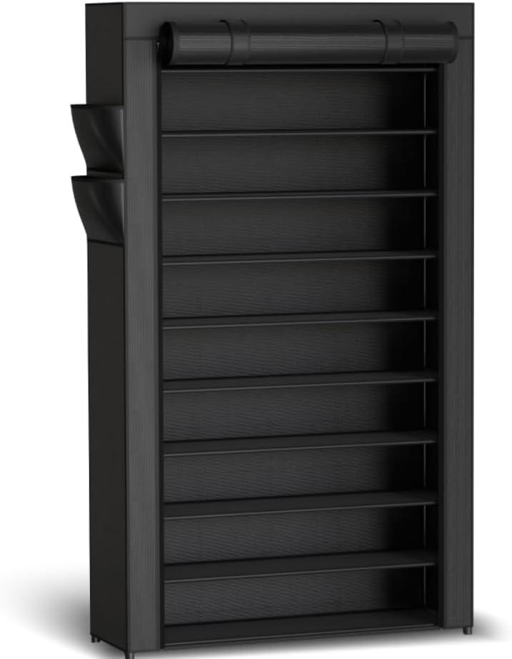 Kitsure Shoe Rack - 10-Tier Large Capacity Shoe Organizer Shelf with Dust Cover & Side Pockets, Rust-Proof Metal Shoe Rack for Closet, Entrance, Living Room, 33.6" x 12.4" x 69.3", Black