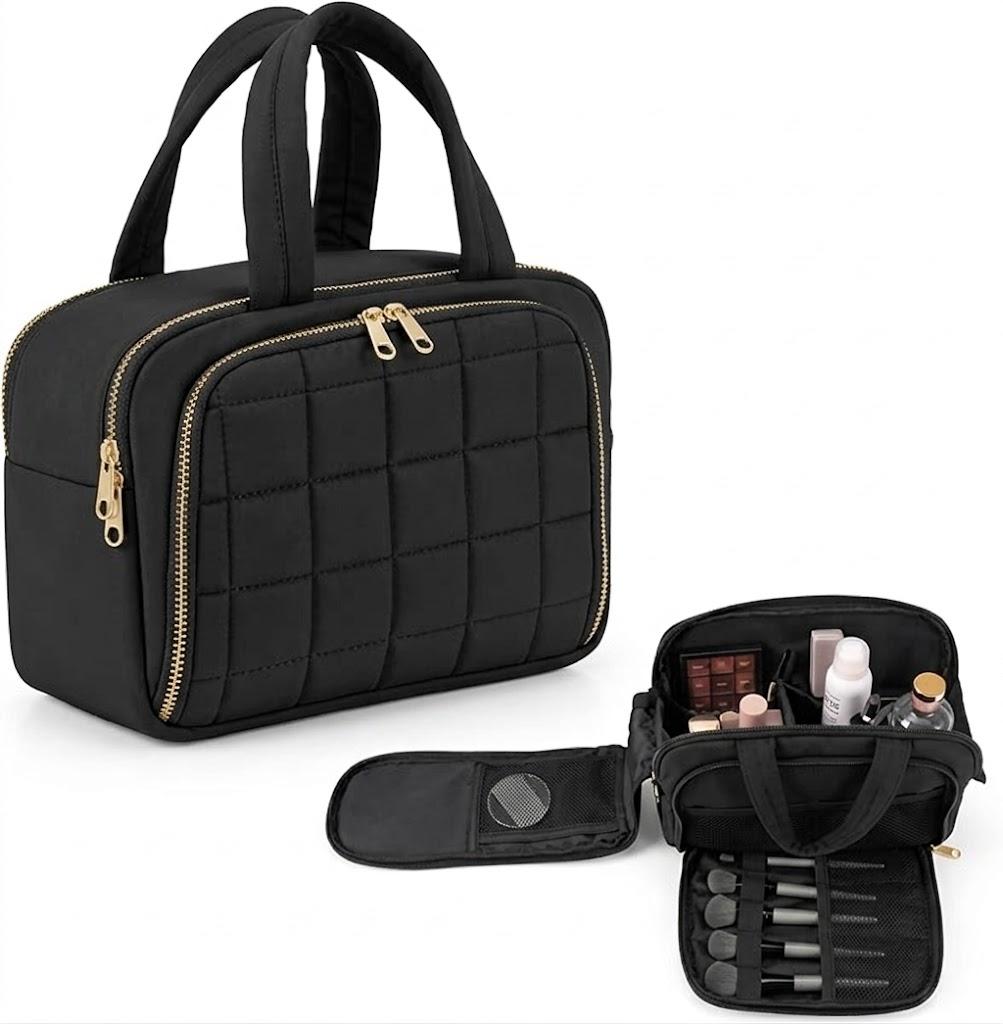 Huhumy Travel Toiletry Bag, Puffy Checkered Makeup Bag for Women, Large Quilted Wide-open Lightweight Cosmetic Organizer with Handle for Accessories, Essentials, Toiletries (Black)