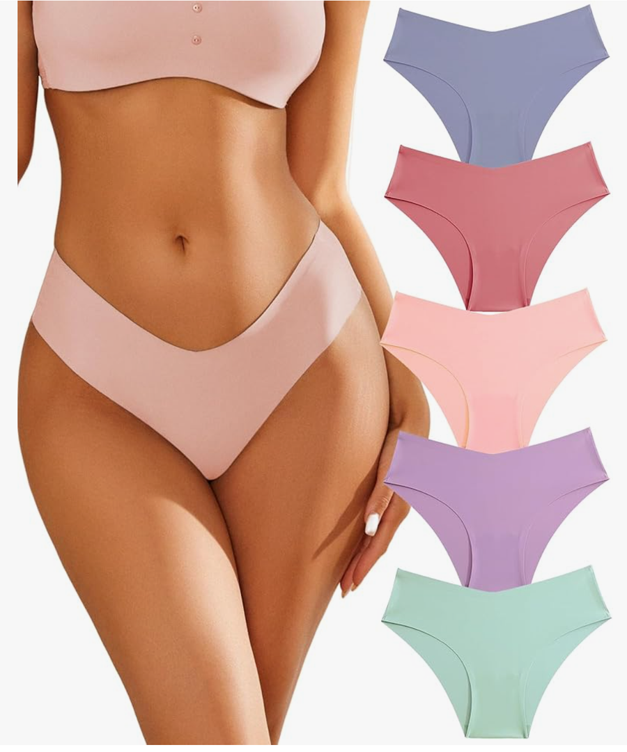 FINETOO Women’s Seamless Underwear Soft Stretch Briefs Invisibles Hipster V Cut cheeky No Show Bikini Panties 5 pack, Medium
