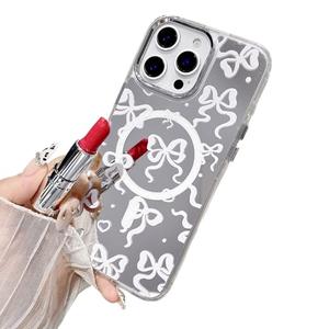 Mirror Magnetic Case for iPhone 15 Pro Max [Compatible with MagSafe] Cute White Bows Bowknot Pattern for Women Girls Mirror Makeup Cover with Clear Soft TPU Bumper Slim Frame for iPhone 15 Pro Max