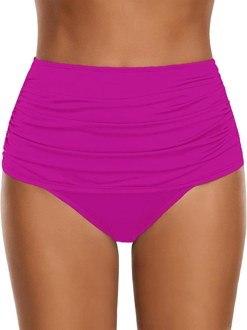 GRAPENT Women's High Waisted Swim Bottom Ruched Bikini Tankini Bottoms Tummy Control Swimsuit Briefs (X-Large, Deep Magenta)