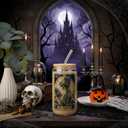 Skeleton Reader Halloween Glass Cup, Cute Halloween Spooky Gifts for Book Lovers, 16 oz Iced Coffee Tumbler Cup with Lid Straw, Book Themed Bookish Reading Gifts for Women Librarian Reader