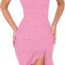BORIFLORS Women's Sexy Ruched Bodycon Midi Dresses Square Neck Sleeveless Ruffle Hem Club Party Tank Dress (Pink, S)