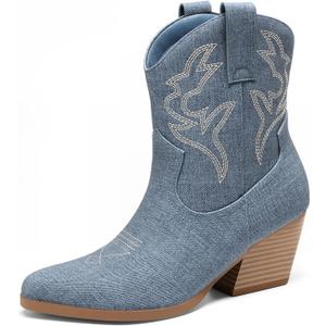 DREAM PAIRS Women's Cowboy Cowgirl Boots Embroidered Stitched Short Western Boots Low Chunky Heel Pointed Toe Ankle Booties