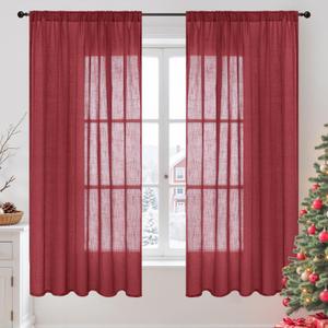 BGment Burgundy Linen Curtains 63 Inches Long for Living Room, Semi Sheer Window Drapes Textured for Bedroom Dining Light Filtering with Rod Pocket Lightweight, 2 Panels, Each 52 Inch Wide