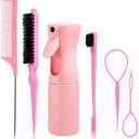 TATDBEUHW Hairdressing Set,Hair Set,Hair Styling Tool Set, 6 Pieces with 200ml Spray Bottle, Rat Tail Comb, Edge Brush, Hair Loop, Black and Pink
